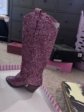 Pink Glitter Knee High Cowboy Boots